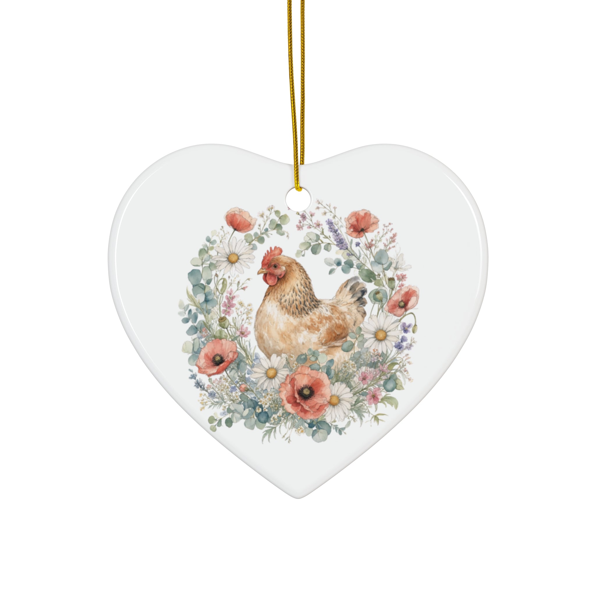 Watercolor Floral Hen Ceramic Ornament