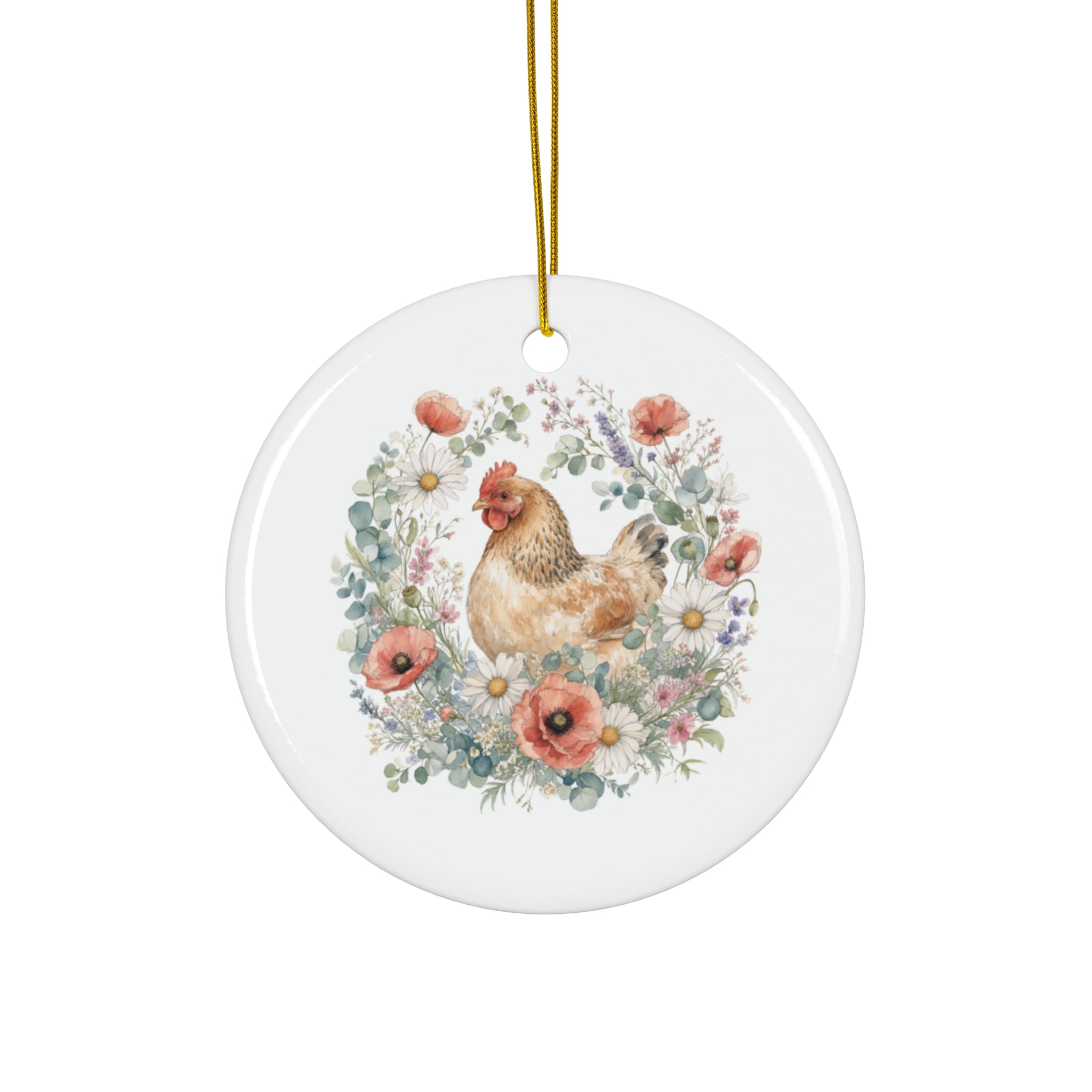 Watercolor Floral Hen Ceramic Ornament