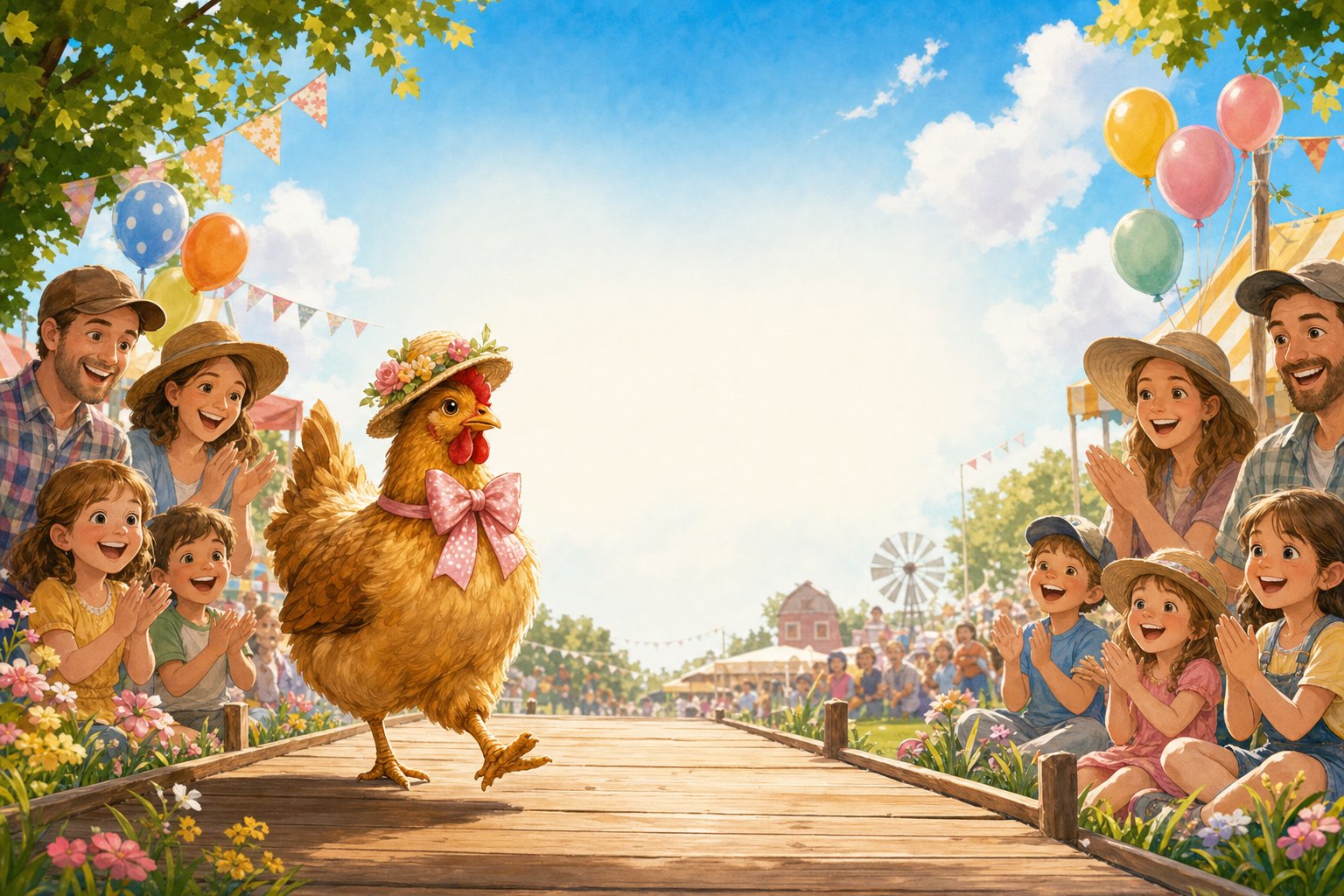 A hen in a flower hat walking a sunny runway as families cheer